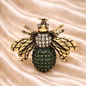 Anthropologie Gold Bee Brooch with Green Rhinestones
